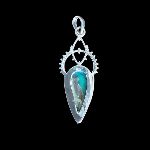 Genuine Turquoise Cabachon Set In 925 Sterling Silver Pendant 2.5" X .75" - Picture 3 of 5